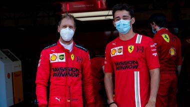 Sebastian Vettel e Charles Leclerc in pista il 23 giugno 2020 al Mugello con la Ferrari SF71H