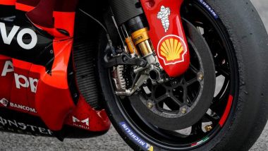 Un particolare dei freni della Ducati nei test MotoGP 2023