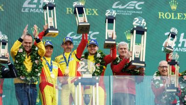 WEC 2025, 24 Ore di Le Mans: l'equipaggio della Ferrari 499P #83 sul podio